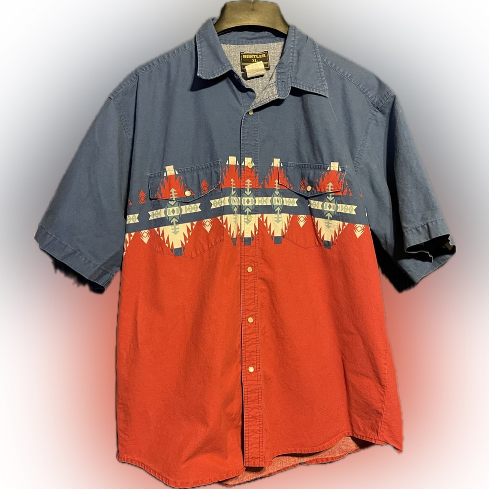 Vintage Rustler By Wrangler Western Aztec Pearl Snap Shirt Sz XL Red Blue